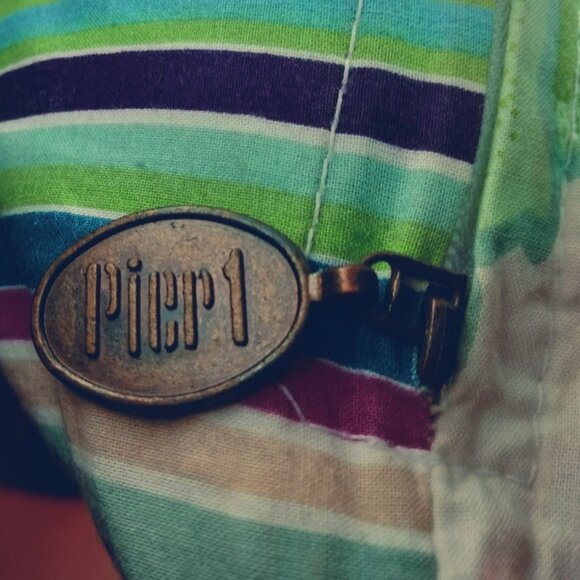 Pier 1 Floral Embroidered Decorative Pillow 15x15 Green Blue Striped Cushion - Picture 9 of 9